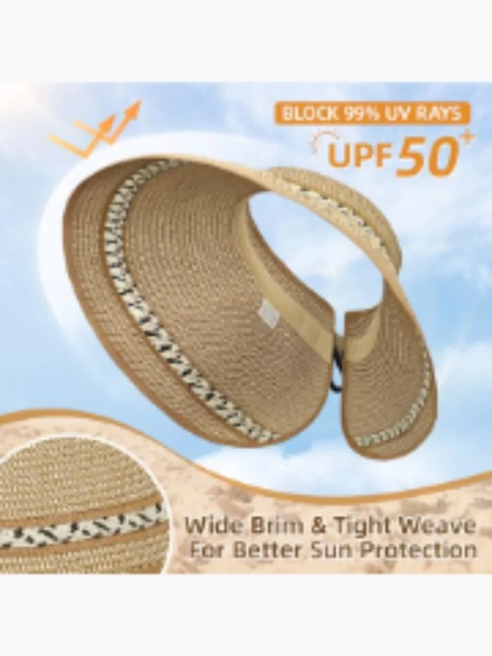 Wide Brim Straw Sun Visor Hat UPF 50+ Foldable Travel Beach Hat